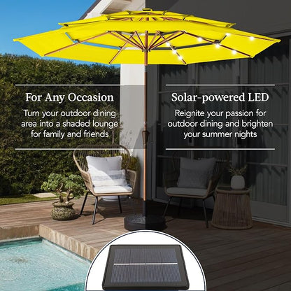 Best Choice Products 10ft 3-Tier Solar Patio Market Umbrella, Outdoor Sun Shade for Backyard, Deck, Poolside, Table w/Woodgrain Pattern, LED Lights, Tilt Adjustment - Yellow