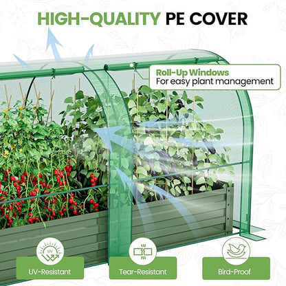 SPECILITE Raised Garden Bed with Mini Greenhouse, Galvanized Metal Planter Box Kit with PE Cover, 2 Roll-Up Doors for Ventilation, Gardening Set for Outdoor Growing Vegetables, Herbs, Fruit & Flowers