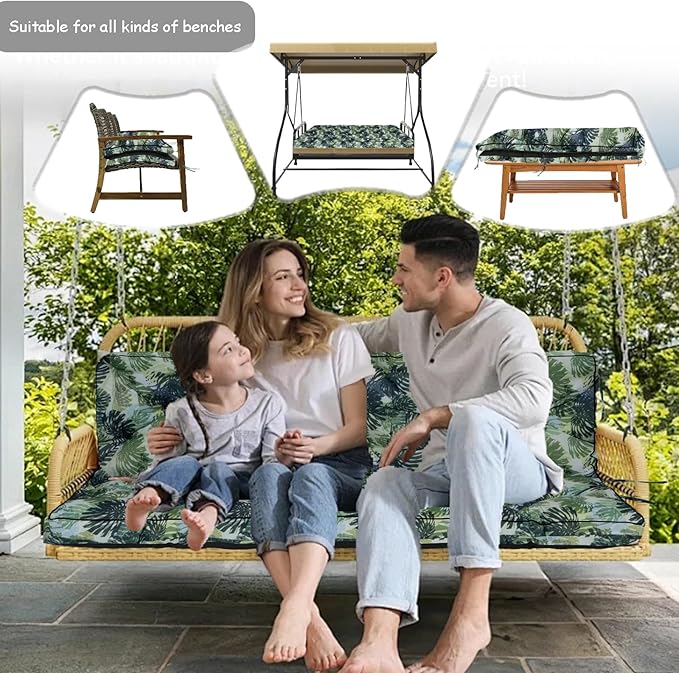 Porch Swing Cushion Three Seat, Waterproof Swing Cushions Replacement with Backrest, Outdoor Garden Furniture Patio 4" Thickened Cushions with Ties (Palm, 40 x 71in)