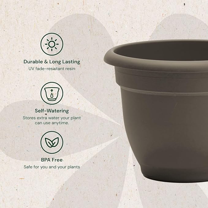 Bloem Ariana 20" Peppercorn Round Self-Watering Resin Planter Pot - Rolled Rim Indoor and Outdoor Gardening Planter