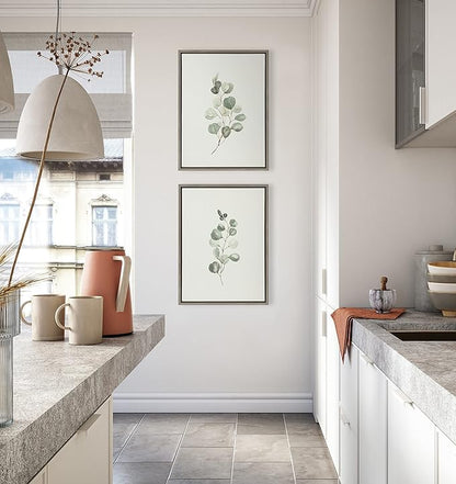 Kate and Laurel Sylvie Eucalyptus 4a & Eucalyptus 4b Framed Canvas Wall Art Set by Maja Mitrovic of Makes My Day Happy; 2 Piece 18x24 Gray; Farmhouse Plant Art Wall Décor