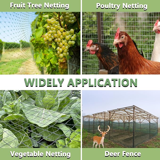 Bird Netting for Garden 25 x 25 FT Heavy Duty Black Garden Netting for Fruit Trees, Chicken Coop, Pond, Blueberry Bushes, Poultry & Deer Netting, HDPE Plant Protection Net Fence with Ties
