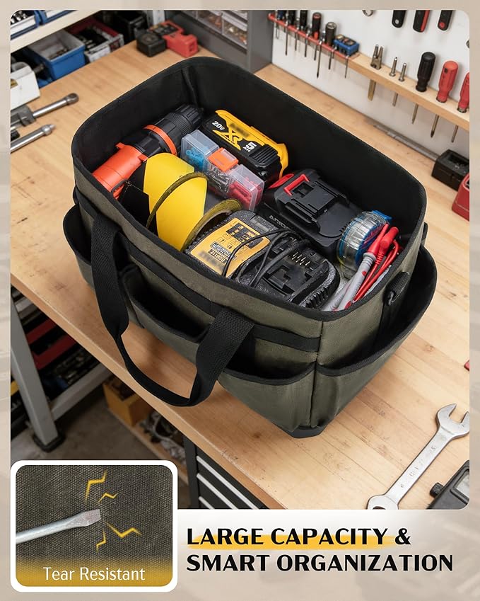 Marscamd Waxed Canvas Tool Bag with Hard Bottom and 8 Pockets, Large Tool Tote with Shoulder Strap for Tools & Gardening, Dark Green