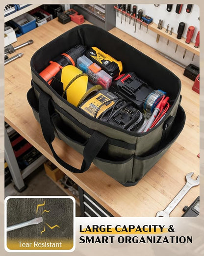 Marscamd Waxed Canvas Tool Bag with Hard Bottom and 8 Pockets, Large Tool Tote with Shoulder Strap for Tools & Gardening, Dark Green