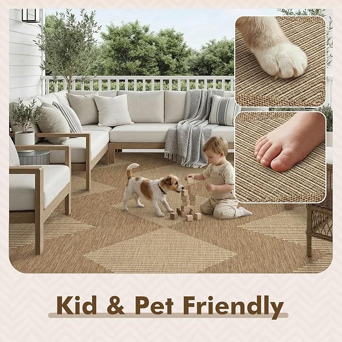 MontVoo-Outdoor Rug Carpet Patio Rug 8x10 Polypropylene Indoor Outdoor Rugs for Patio Deck Balcony Porch, Textured Weave, Durable for High Traffic, Fade-Resistant, Boho Geometric Neutral Brown