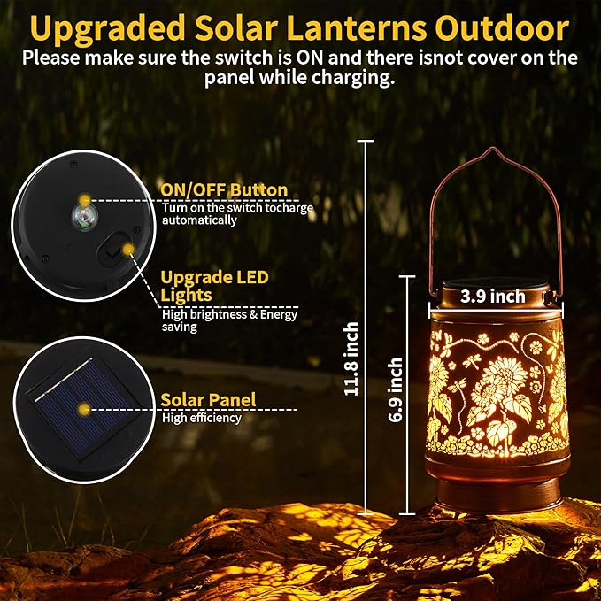 Solar Lantern Outdoor Waterproof Hanging Lights, Metal Dragonfly and Sunflower Decorative Lanterns for Garden Patio Yard Pathway Porch, Solar Powered Outdoor Lantern Gifts for Women Mom Grandma