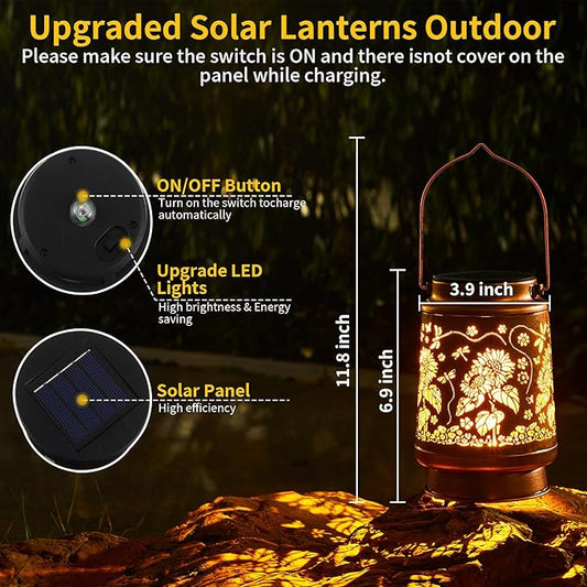 Solar Lantern Outdoor Waterproof Hanging Lights, Metal Dragonfly and Sunflower Decorative Lanterns for Garden Patio Yard Pathway Porch, Solar Powered Outdoor Lantern Gifts for Women Mom Grandma