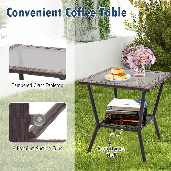 HAPPYGRILL 3 Pieces PE Rattan Rocking Bistro Set, Rocking Chairs with 2-Tier Coffee Table, Thick Pillows and Cushions, Outdoor Conversation Set for Porch, Garden and Poolside, (Navy)
