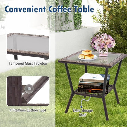 HAPPYGRILL 3 Pieces PE Rattan Rocking Bistro Set, Rocking Chairs with 2-Tier Coffee Table, Thick Pillows and Cushions, Outdoor Conversation Set for Porch, Garden and Poolside, (Navy)
