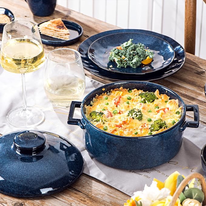 Vicrays Casserole Dish with Lid - Ceramic Lasagna Pan Deep 2 Quart Round Baking Dishes Covered Bakeware for Oven Safe Serving Dish with Handles for Party Dinner Banquet Daily Use (Blue)