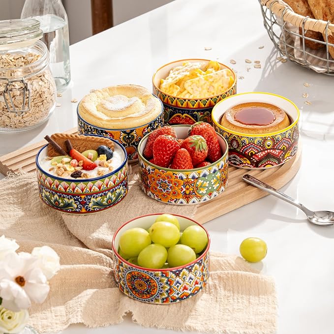 Henten Home Ceramic Ramekins Set Oven Safe, Colorful Creme Brulee Ramekins Set of 6, Boho Baking Cups for Cake, Pudding, Souffle, Ice Cream, Snack, Dipping, Microwave & Dishwasher Safe(4 oz)
