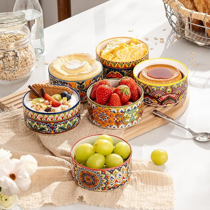 Henten Home Ceramic Ramekins Set Oven Safe, Colorful Souffle Ramekins Set of 6, Boho Baking Cups for Pudding, Cake, Ice Cream, Snack, Creme Brulee, Microwave & Dishwasher Safe (6 oz)