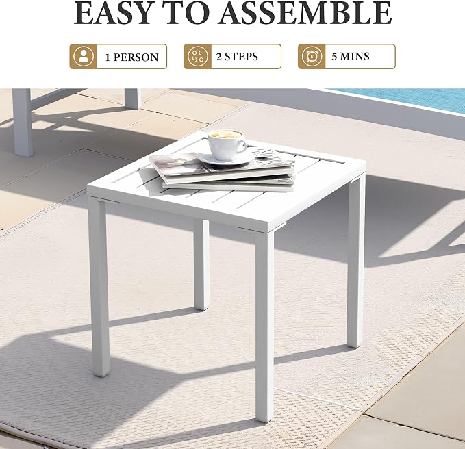 Crestlive Products Aluminum Outdoor Side Table, Pool Lounge Chair Side Table, Weather Resistant Small Square Coffee End Table for Patio, Yard, Garden, Porch, Deck, Indoor, Outdoor (White)