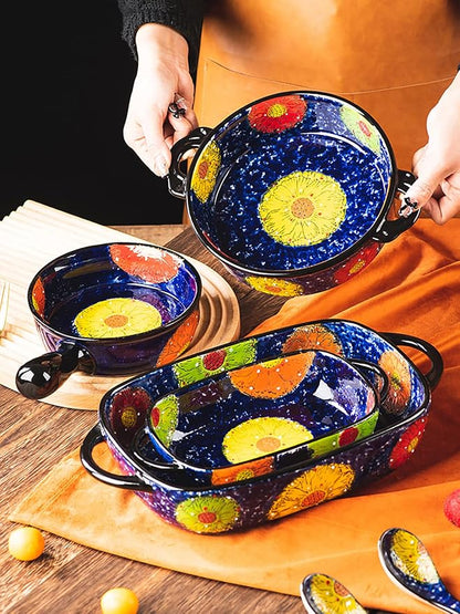 Vintage Style Pottery Bakeware Colorful Daisy Pattern Ceramic Casserole Dish Baking Pan Lasagna Pans Baking Dish with Handles from Oven to Table Plate-1 PCS, 22 OZ