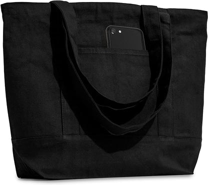 Carrywell (Not Made In China) Black Canvas Tote Bags with Zipper 3-Pack, 15"x 21", Heavy Duty Organic Cotton With Handles and Front Pocket, Reusable Shopping Totes