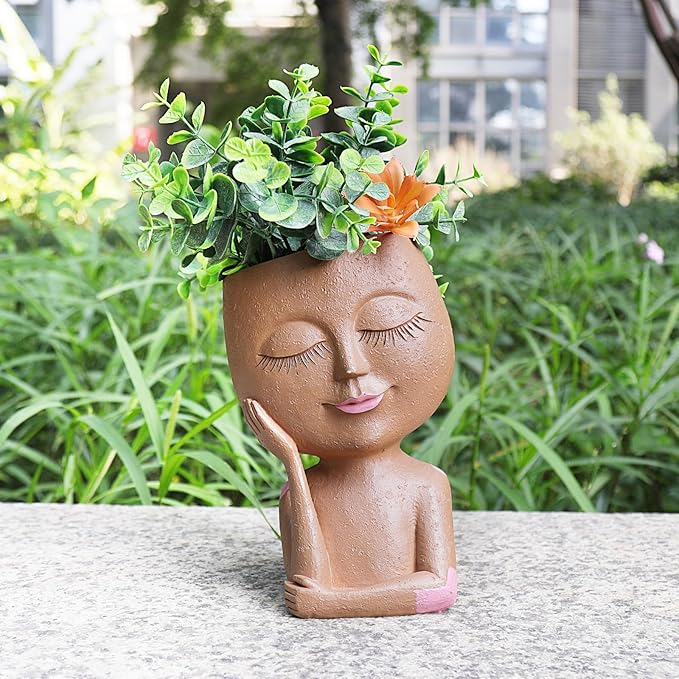 Cute Girl Face Plant Pot Resin Succulent Flower Pot Head Planter Pot for Home Decor Large Plant Holder with Drainage Hole for Indoor and Outdoor
