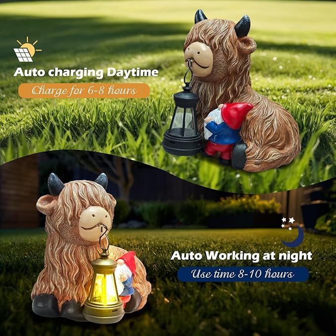 Highland Cow Gnome Solar Statues Decor - Garden Gnomes Statues Highland Cattle Mouth with Lights, Outdoor Ornaments Funny Decoration for Yard, Patio, Unique Gifts Birthday for Women, Mother Day