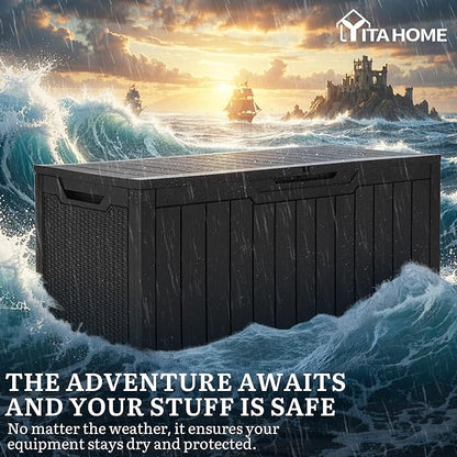 YITAHOME 100 Gallon Large Outdoor Deck Box, Waterproof Resin Storage Box, Lockable Indoor Outdoor Storage Container for Patio Furniture Cushions, Pool Accessories, Garden Tools, Black