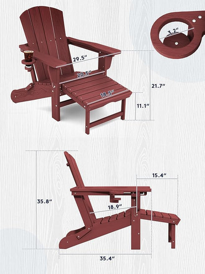 KINGYES Folding Adjustable Adirondack Chair with Retractable Ottoman Set of 6, HDPE All Weather Chair with Cup Holder - Versatile Adirondack Chair, Red