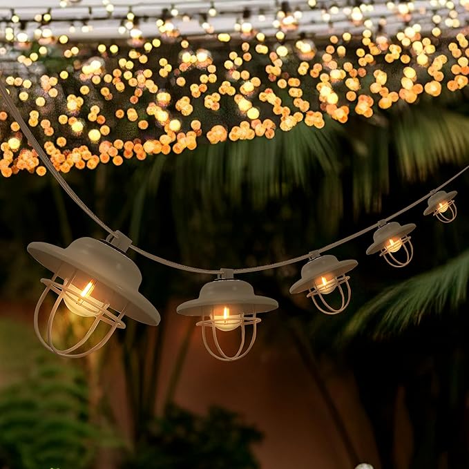 JONATHAN Y JYL8703B 10-Light Indoor/Outdoor 10 ft. Rustic Farmhouse Incandescent G40 Metal Cage Shade String Lights Contemporary, Transitional, Modern, Patio, Porch, Backyard, White