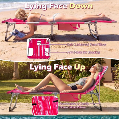 GYMAX Tanning Chair, 3 in 1 Sun Bathing Lounge Chairs with Face/Arm Holes & Side Pocket, Portable Lightweight Face Down Layout Tanning Chair for Outside, Beach, Backyard, Poolside (1, Pink Stripe)