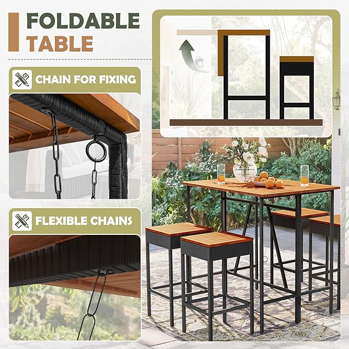 Devoko Patio Bar Set 5 Pieces Acacia Wood Patio High Top Bar Table and Stools Chairs Set Foldable Outdoor Bar Stools Set of 2 for Garden, Balcony