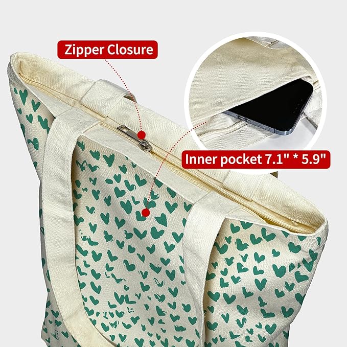 itgowisa Canvas Tote Bag for Women, Tote Bag with Zipper Inner Pocket, Zippered Canvas Bag for Shopping Work Grocery Everyday
