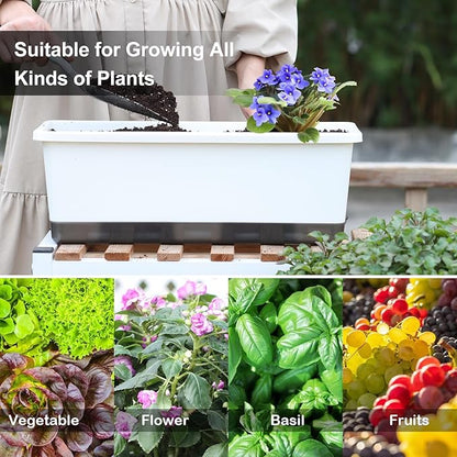 Oliz Window Box Planter 8 Pcs, 17 Inches Rectangle Flower Pots with Drainage Holes & Trays, Vegetable Planters for Windowsill Patio Garden Balcony Home Indoor Outdoor (White, 16 * 7 * 6 inch)