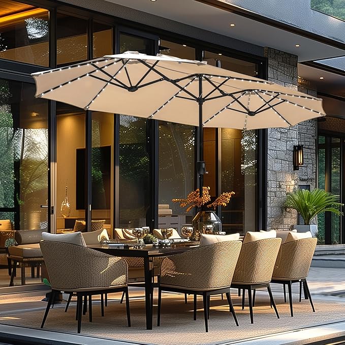 GREEN PARTY 13 ft Rectangle Patio Umbrella with Solar Lights, Double-Sided Market Table Umbrella with Crank, Large Outdoor Umbrellas for Patio Poolside Garden Backyard, Beige