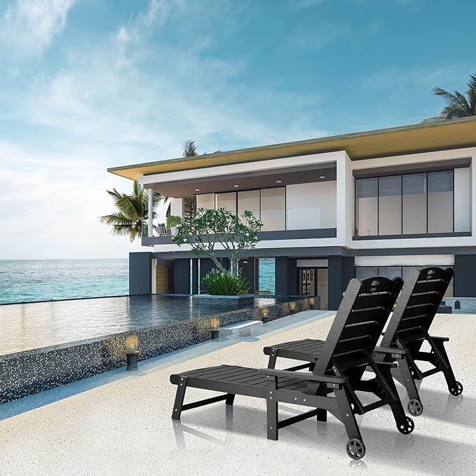 Lounge Chair, Chaise Lounge with 5-Level Adjustable Backrest and Pulley, Easy to Move, Supports Up to 350 lbs, All Weather Waterproof Outdoor Chairs for Patio, Pool, Porch Beach- Black