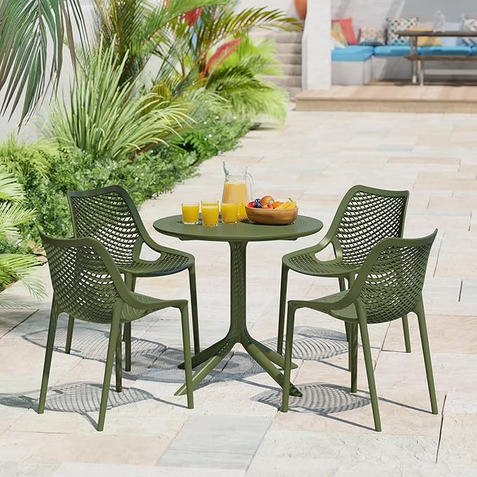 Costaelm Dining Table for 4 with Chair, HDPE Patio Round Dining Table and Stackable Chair, Outdoor Patio Furniture All Weather for Backyard Porch Poolside, Olive Green