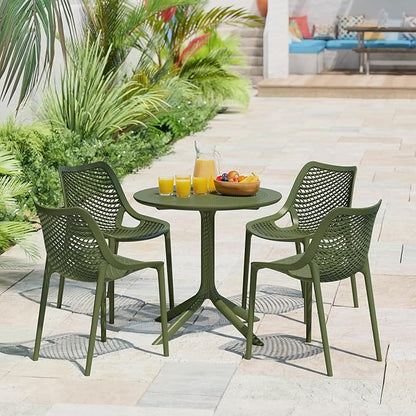 Costaelm Dining Table for 4 with Chair, HDPE Patio Round Dining Table and Stackable Chair, Outdoor Patio Furniture All Weather for Backyard Porch Poolside, Olive Green