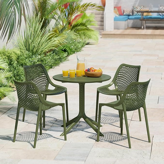 Costaelm Dining Table for 4 with Chair, HDPE Patio Round Dining Table and Stackable Chair, Outdoor Patio Furniture All Weather for Backyard Porch Poolside, Olive Green