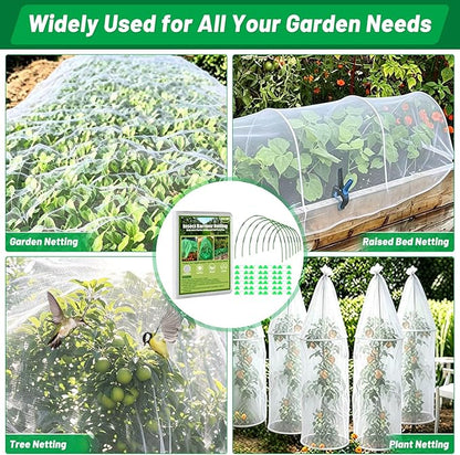 Tetutor Garden Mesh Netting Kit,7 Sets Wide Garden Hoops with 10x30 ft Garden Covers Bird Netting& 12 Clips, Garden Protection for Raised Beds Greenhouse Vegetable Plants Flowers Green