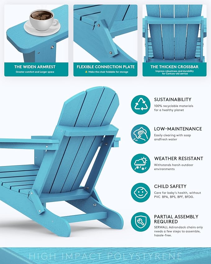 SERWALL Folding Adirondack Chair with Cup Holder Weather Resistant Patio Chair Outdoor Chairs Painted Adirondack Chairs Set of 2 - Aruba Blue