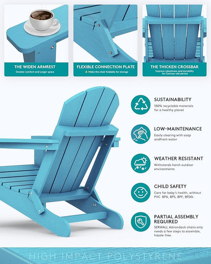 SERWALL Folding Adirondack Chair with Cup Holder Outdoor Adirondack Chairs Weather Resistant Patio Chair Fire Pit Chairs - Light Blue