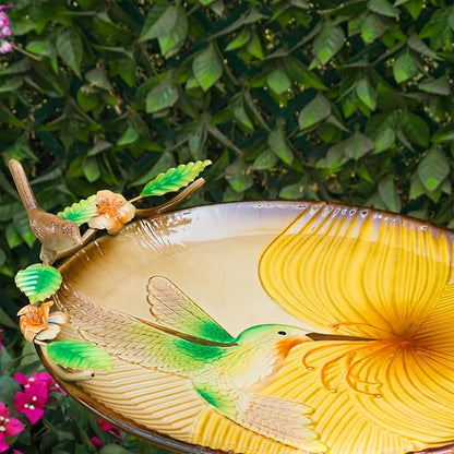 Alpine Corporation 32" H Outdoor Metal Birdbath w/Stylish Stand, Hummingbird Birdbath Bowl and Stand Set, Yellow/Gray