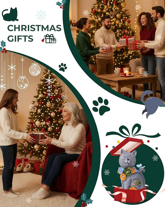 Solar Garden Statues Outdoor Decor, 6 LED Cat Flowers Butterfly Figurine Lights, Waterproof for Balcony Patio Porch Lawn Yard Ornament Art - Gift Ideas for Housewarming Gardening Grandma Women