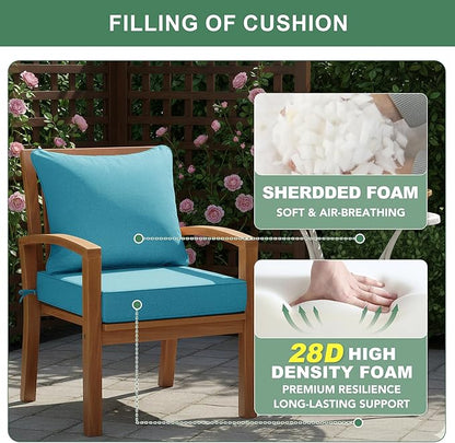 Summsun Faux Linen Outdoor Chair Cushions, Water Resistant Backrest and Seat Cushion Set with Removable Cover, Straps, Non-Slip Bottom for Patio Furniture, 19 x 19 Inch, Teal