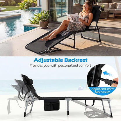 GYMAX Tanning Chair with Face Hole, Sun Bathing Lounge Chairs for Outside with Side Pocket, Folding Portable Face Down Layout Tanning Chair Beach, Backyard, Poolside, Lawn (Black,1)