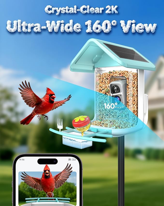 Bird Feeder with Camera Solar Powered - Smart Bird Feeder Camera 2K HD Live Stream, 5MP Photos, AI Identification for Backyard, 2.4Lb Large Capacity, Gifts for Mom Dad, Blue White