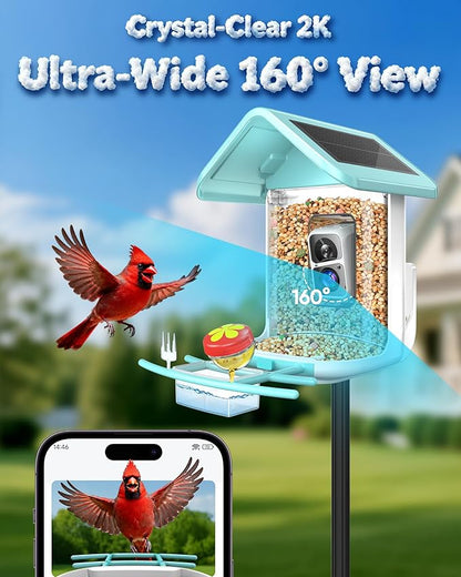 Bird Feeder with Camera Solar Powered - Smart Bird Feeder Camera 2K HD Live Stream, 5MP Photos, AI Identification for Backyard, 2.4Lb Large Capacity, Gifts for Mom Dad, Blue White