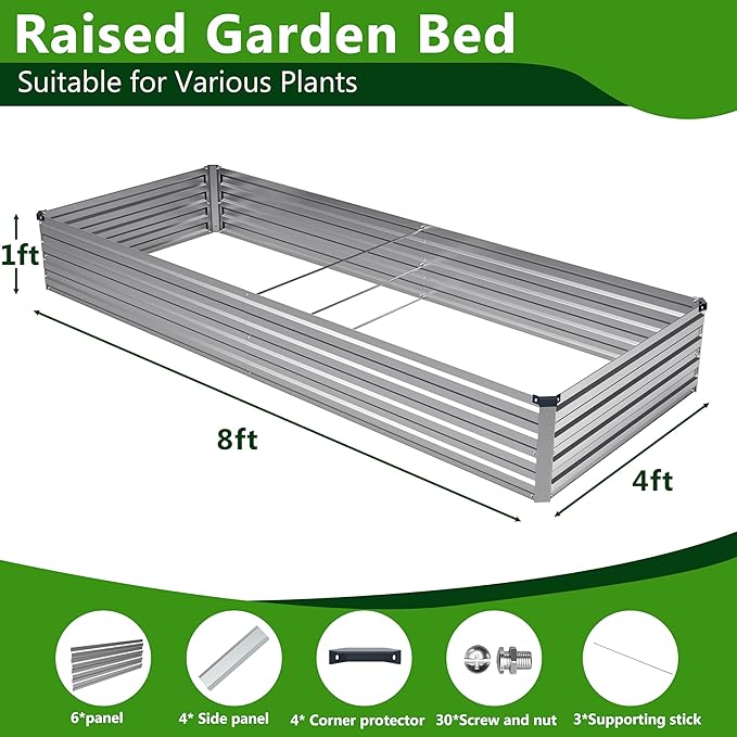 2PCS 8x4x1ft Galvanized Raised Garden Bed,Outdoor Planter Box Metal Patio Kit Planting Bed for Vegetables Flowers Herb,Silver