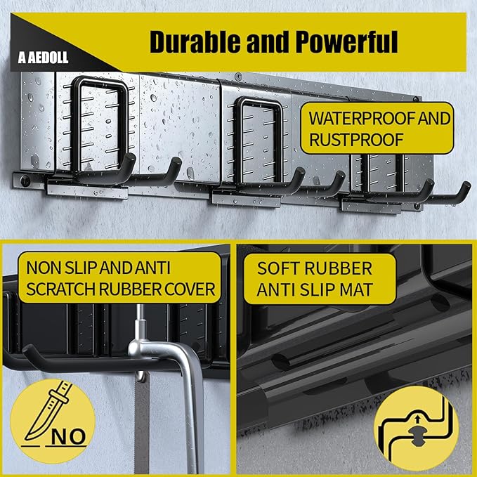 33" Garage Tool Organizer Wall Mount, 300lbs Tool Storage Organizer with Adjustable Sliding Hooks, Heavy Duty & Anti-Rust Garden Tools Storage Rack for Hanging Rake Broom/Mower/Snowboard