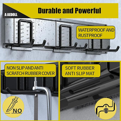 33" Garage Tool Organizer Wall Mount, 300lbs Tool Storage Organizer with Adjustable Sliding Hooks, Heavy Duty & Anti-Rust Garden Tools Storage Rack for Hanging Rake Broom/Mower/Snowboard