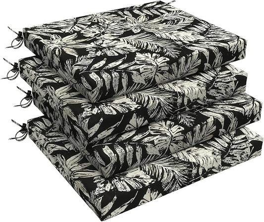 LVTXIII Outdoor Chair Cushions 18.5"x16"x2" Pack of 4, Water-Repellent Square Corner Memory Foam Seat Cushions with Ties for Garden Patio Furniture, Tropical Leaf Black