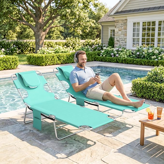Outsunny Chaise Lounge Chairs Set of 2 Outdoor with Face Arm Hole, 5-Position Reclining Face Down Tanning Chairs with Carry Strap, Side Pocket, Portable Folding Bed Cots for Patio Pool, Light Green