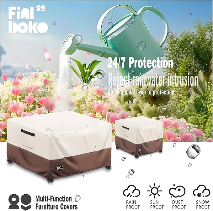 Patio Ottoman Cover,32"L x 32"W x 16"H Square Patio Dining Table Cover for Outdoor Furniture,100% Waterproof 600D Heavy Duty Outdoor Table Cover,Beige&Brow