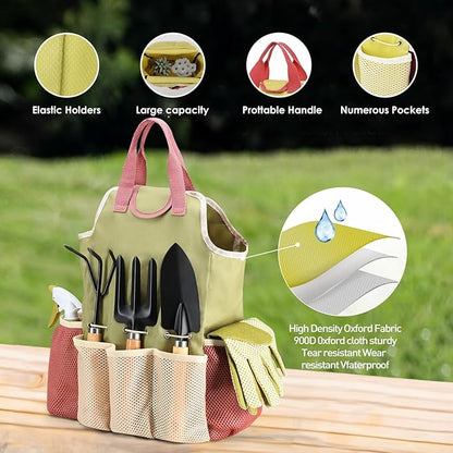 APSARAS USA Gardening Tools, Garden Tool Set, 10 Pieces Heavy Duty Sturdy Steel Gardening Tool Set with 600D Oxford Cloth Storage Tote Bag, Durable Supplies Kit Perfect Garden Gifts for Father