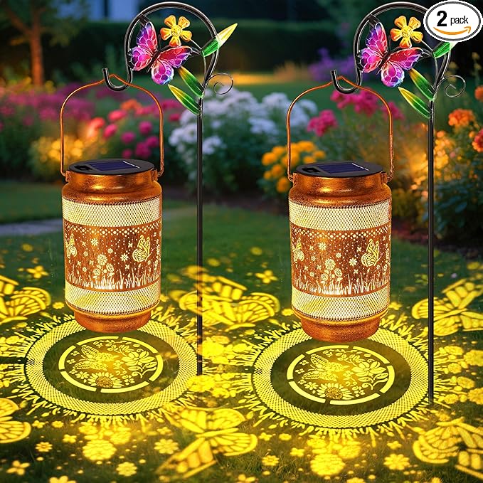 2 Pack Butterfly Solar Lanterns Outdoor Waterproof Solar Garden Decor, Birthday Gifts for Mothers Day Women Mom Grandma, Metal Hanging Lights with Shepherd Hook for Outside Yard Patio Pathway Porch